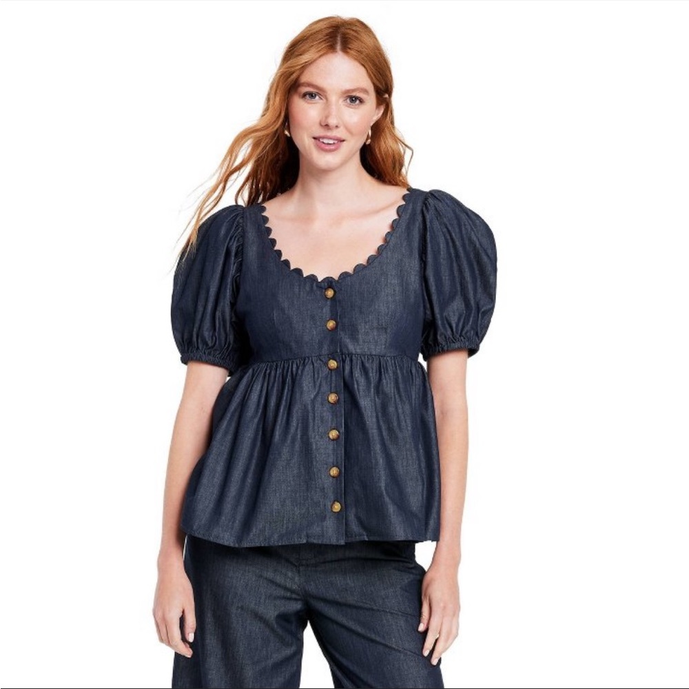 Kika Vargas Navy Puff-Sleeve Button Front Denim Top